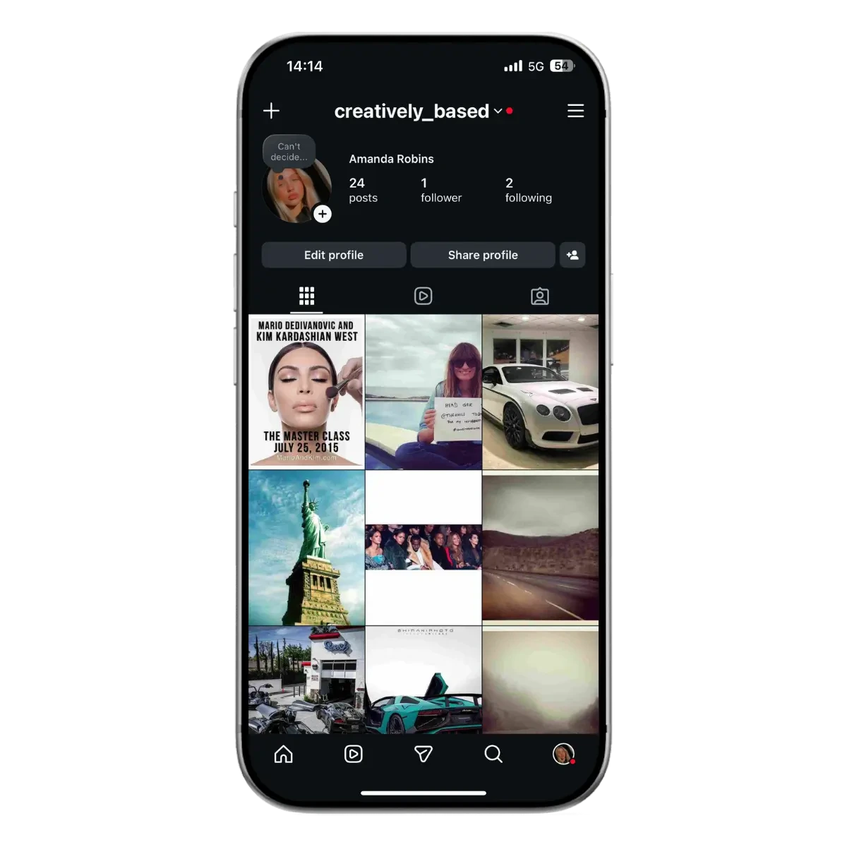 Aged Instagram account profile with an existing post history in a front-facing phone mockup