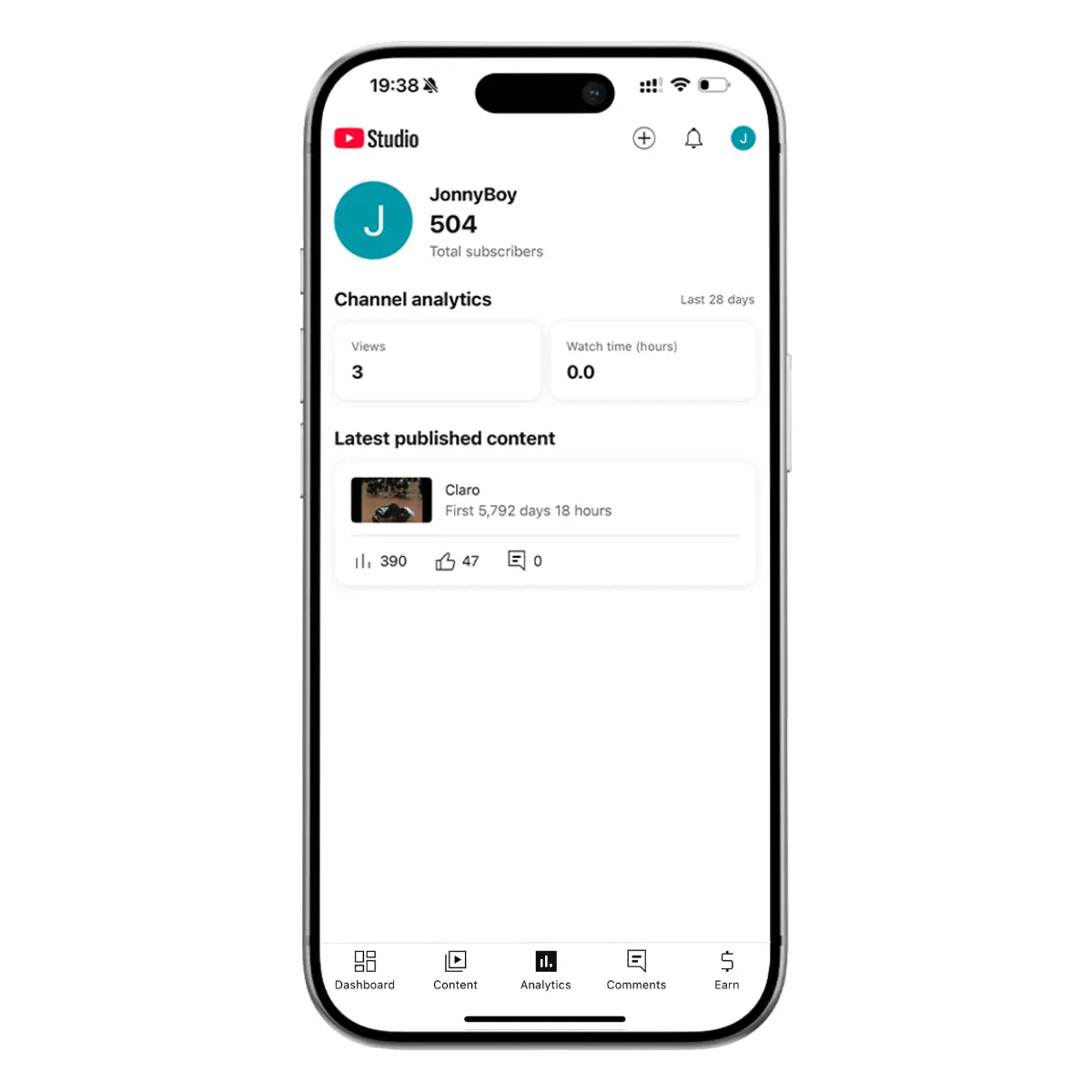 Aged YouTube channel example showing 504 subscribers and an older published video in a front-facing iPhone mockup