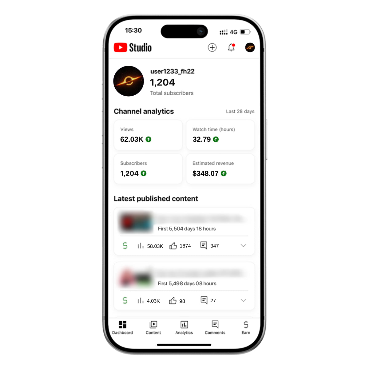 Monetized YouTube channel example showing 1,204 subscribers and $348.07 estimated revenue in a front-facing iPhone mockup