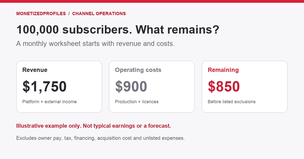 Illustrative monthly worksheet: $1,750 revenue less $900 operating costs leaves $850 before owner pay, tax, financing, acquisition cost and other expenses.